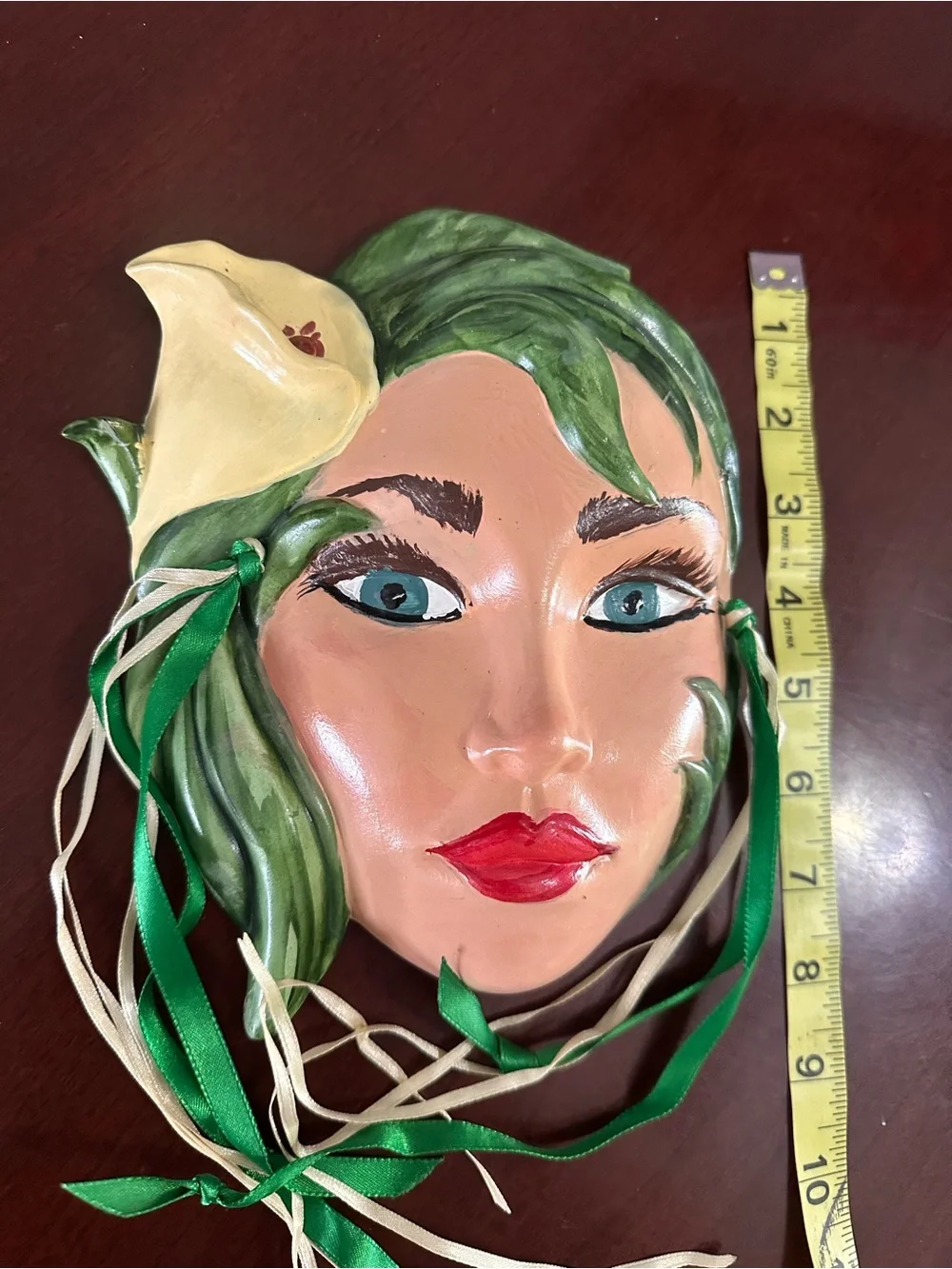Vintage ceramic glamor girl mask wall hanging 1980s art deco revival